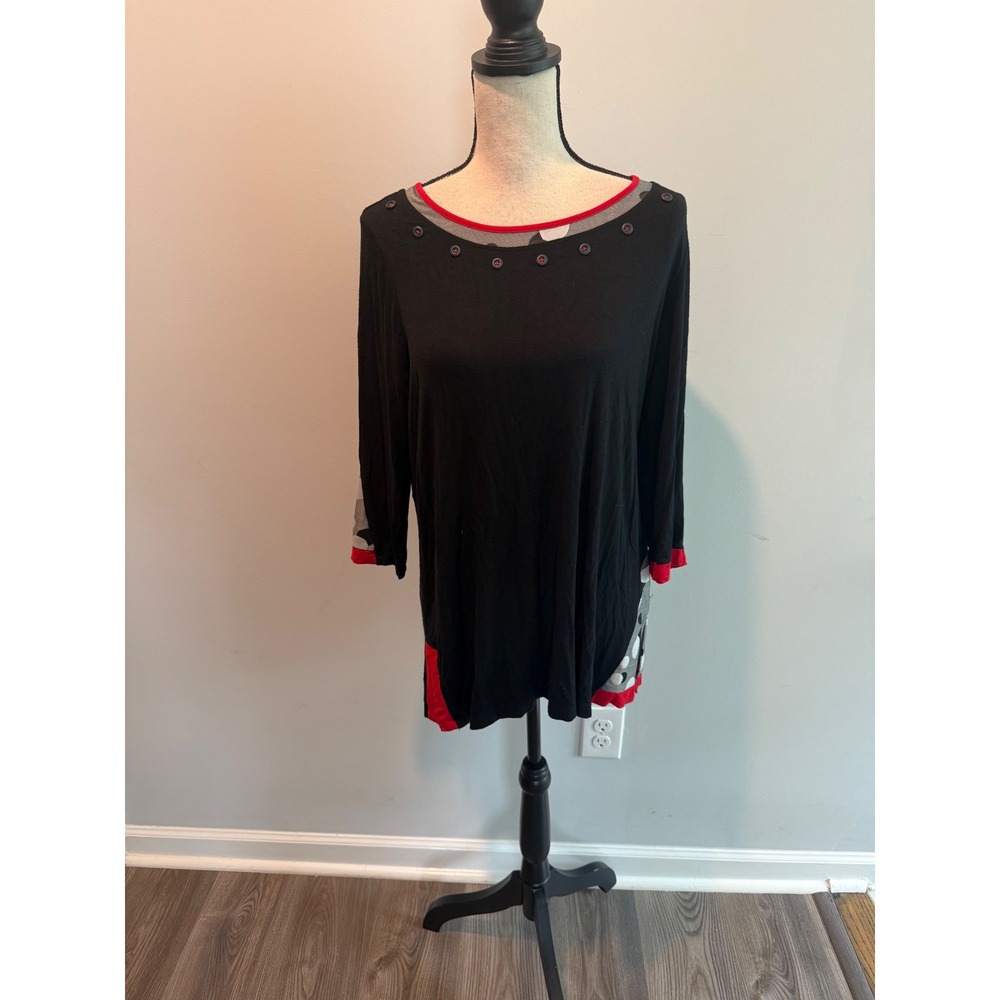 Ali Miles Black Red Polka Dot Button Neck Tunic Top Women's size Medium